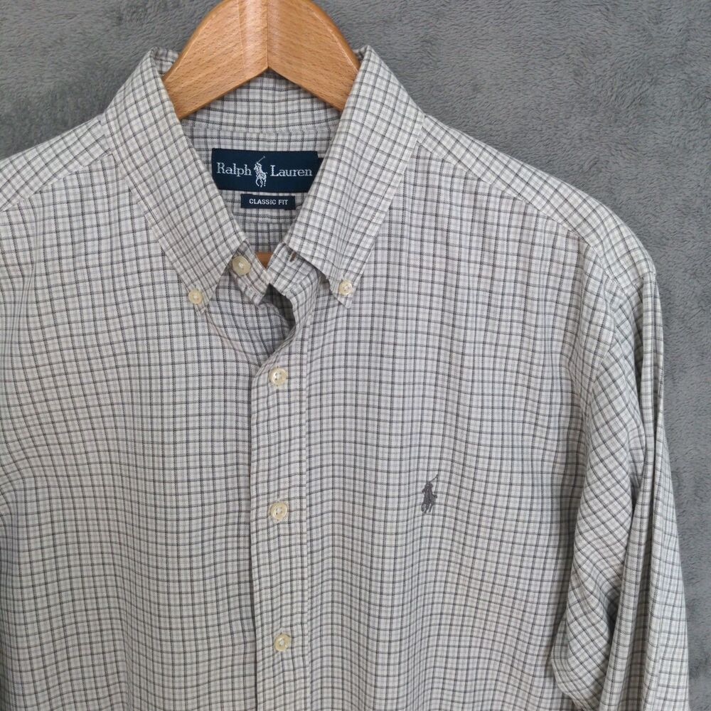 Ralph Lauren Button Down Shirt Men's Large Gray Check Classic Fit Preppy